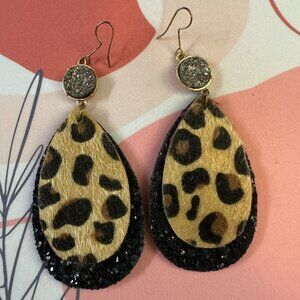 Layered Leopard and Black Glitter Dangle Earrings